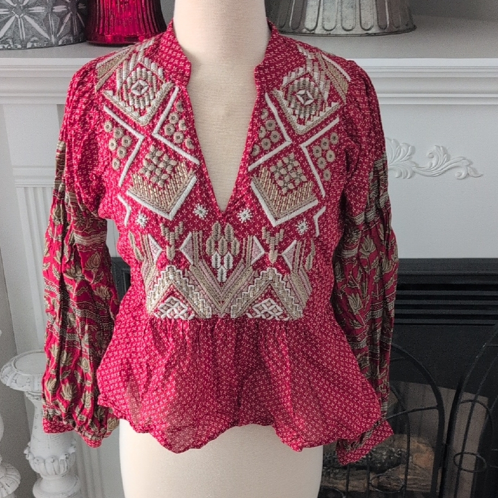 Anthropologie Red and Cream Embroidered Top Size 2